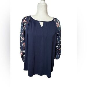 Westport Floral Print Sleeve Patchwork Mix Media Pullover Top/Blouse Size Large